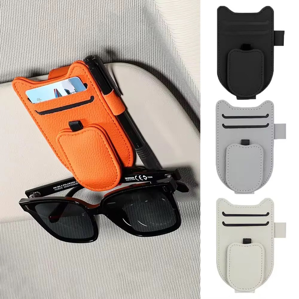 Porte-lunettes en cuir fixé sur pare-soleil de voiture, avec poche pour cartes